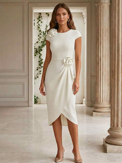 3D Flower Short Sleeves Sheath Stretch Satin Cocktail Dresses Tea-Length