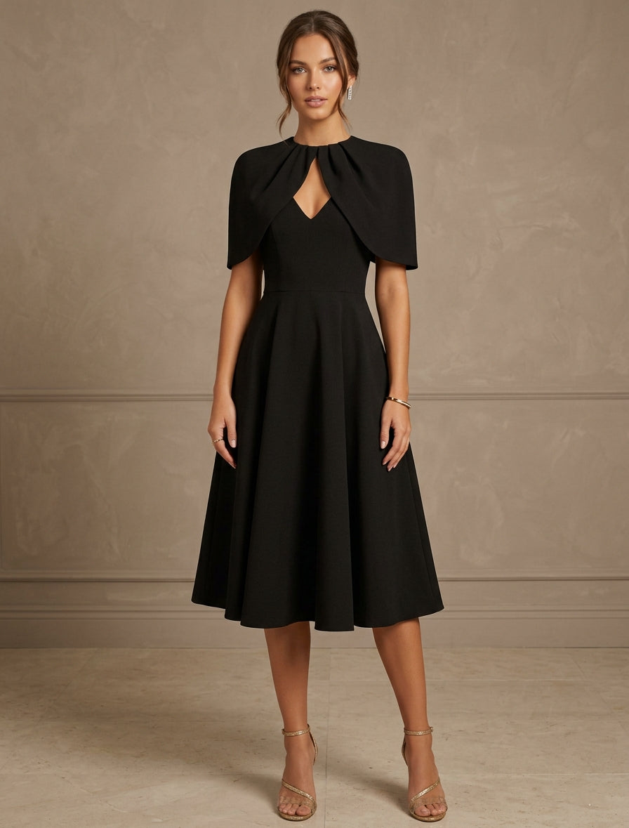 Elegant Cocktail Dresses Cape Sleeves Tea-Length Pleated Formal Dresses