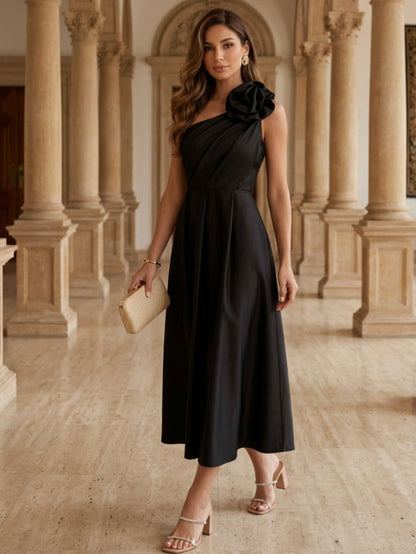 One-Shoulder Satin Cocktail Dresses with 3D Flower Tea-Length Pleated Formal Dresses