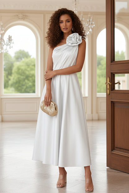 One-Shoulder Satin Cocktail Dresses with 3D Flower Tea-Length Pleated Formal Dresses