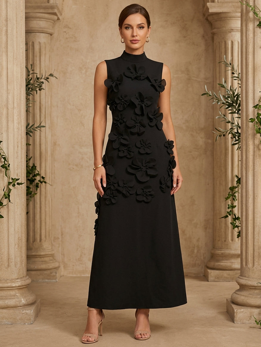 High Neck Cocktail Dresses with 3D Flower Sleeveless Ankle-Length Formal Dresses
