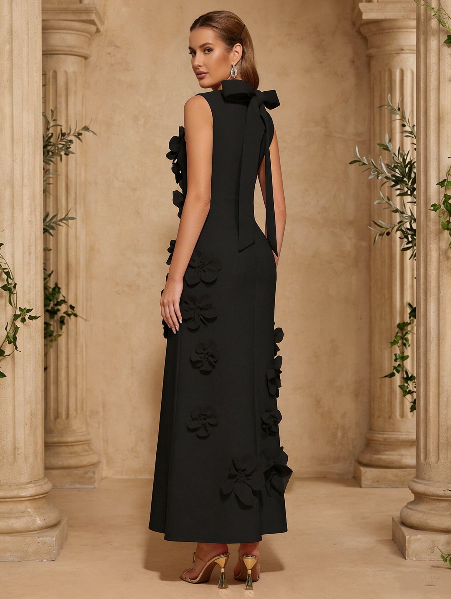 High Neck Cocktail Dresses with 3D Flower Sleeveless Ankle-Length Formal Dresses