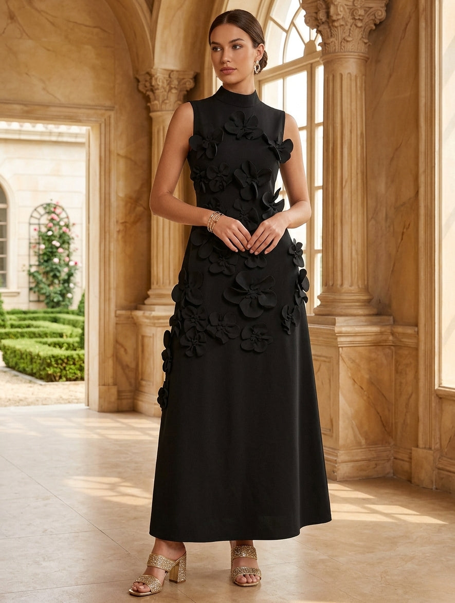 High Neck Cocktail Dresses with 3D Flower Sleeveless Ankle-Length Formal Dresses
