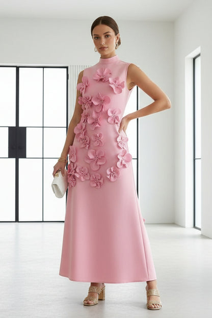 High Neck Cocktail Dresses with 3D Flower Sleeveless Ankle-Length Formal Dresses