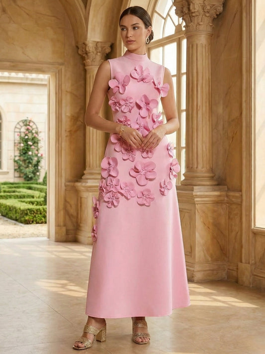 High Neck Cocktail Dresses with 3D Flower Sleeveless Ankle-Length Formal Dresses