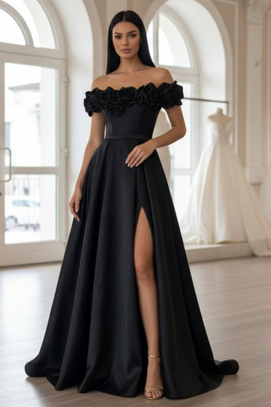 Off-the-Shoulder Satin Evening Dresses with Split Side 3D Flowers Pocket Party Dresses