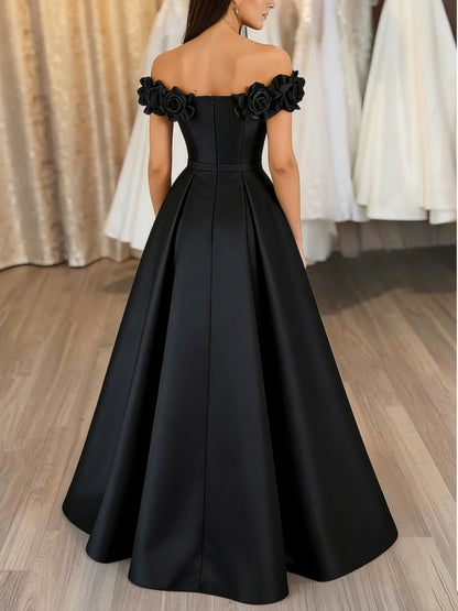 Off-the-Shoulder Satin Evening Dresses with Split Side 3D Flowers Pocket Party Dresses