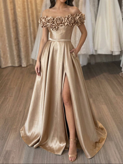 Off-the-Shoulder Satin Evening Dresses with Split Side 3D Flowers Pocket Party Dresses