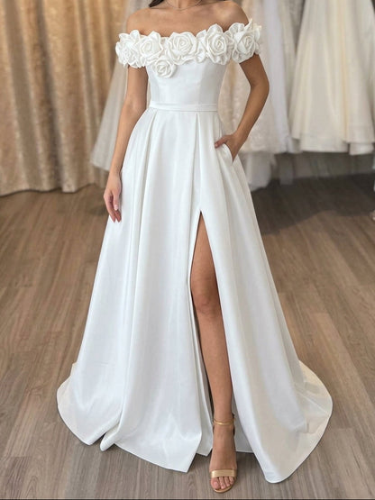 Off-the-Shoulder Satin Evening Dresses with Split Side 3D Flowers Pocket Party Dresses