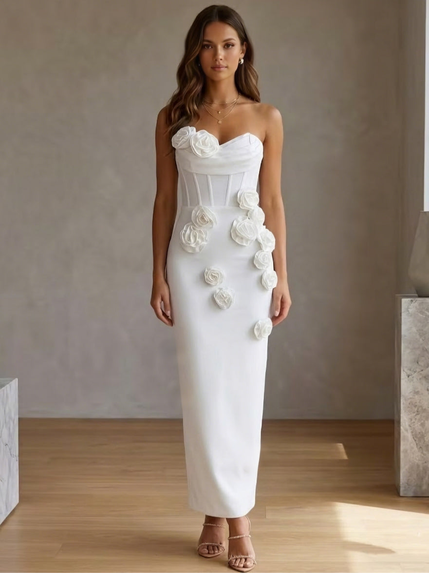 Strapless Stretch Satin Cocktail Dresses with 3D Flowers Sleeveless Ankle-Length Formal Dresses