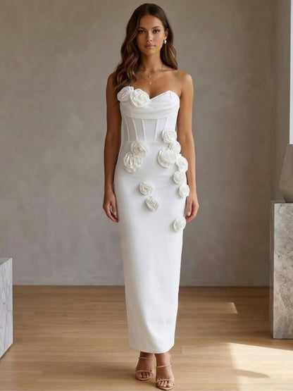 Strapless Stretch Satin Cocktail Dresses with 3D Flowers Sleeveless Ankle-Length Formal Dresses