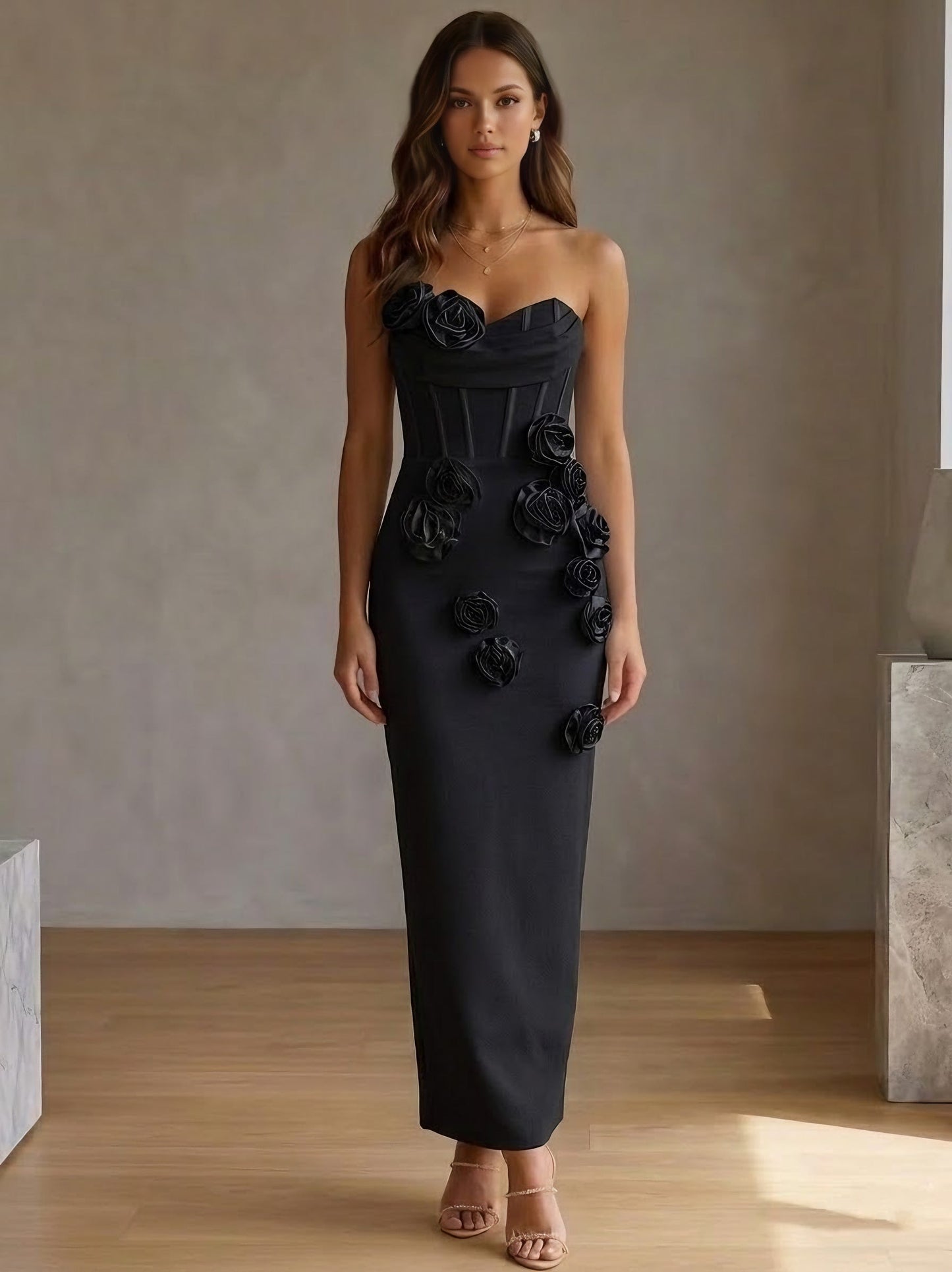 Strapless Stretch Satin Cocktail Dresses with 3D Flowers Sleeveless Ankle-Length Formal Dresses