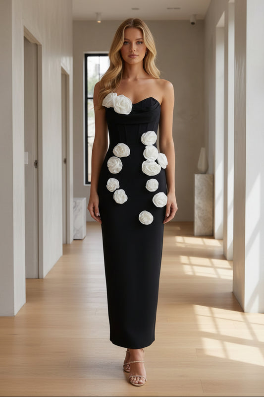 Strapless Stretch Satin Cocktail Dresses with 3D Flowers Sleeveless Ankle-Length Formal Dresses