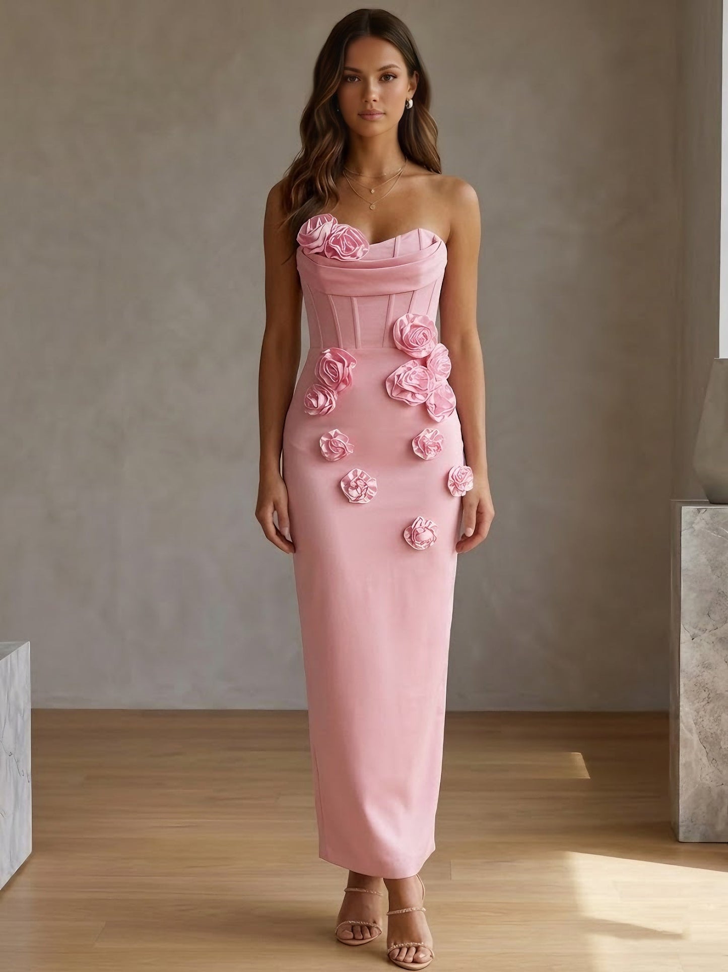 Strapless Stretch Satin Cocktail Dresses with 3D Flowers Sleeveless Ankle-Length Formal Dresses