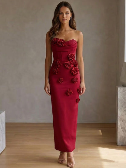Strapless Stretch Satin Cocktail Dresses with 3D Flowers Sleeveless Ankle-Length Formal Dresses