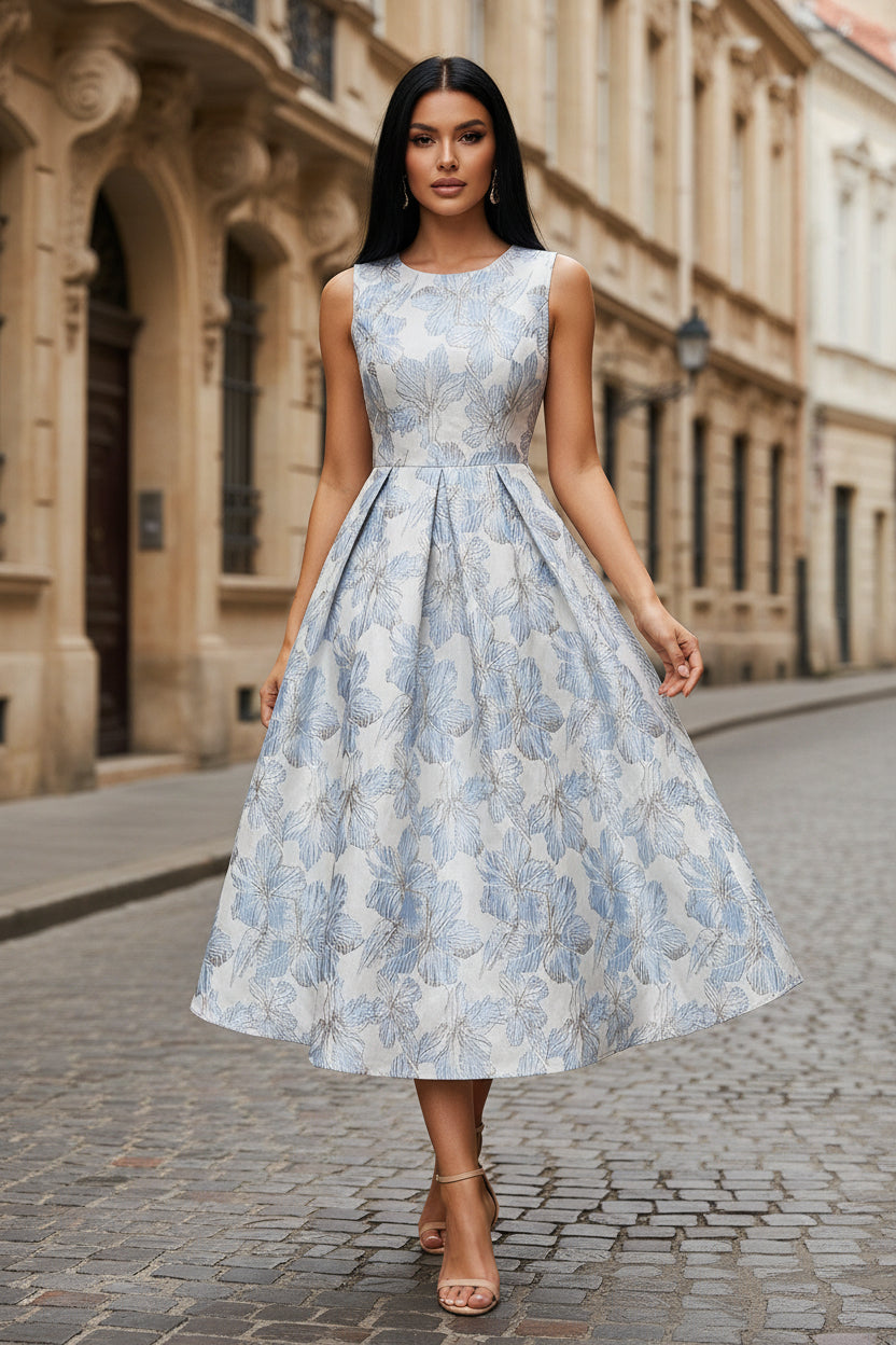 Scoop Jacquard Cocktail Dresses Tea-Length Sleeveless Floral Formal Dresses