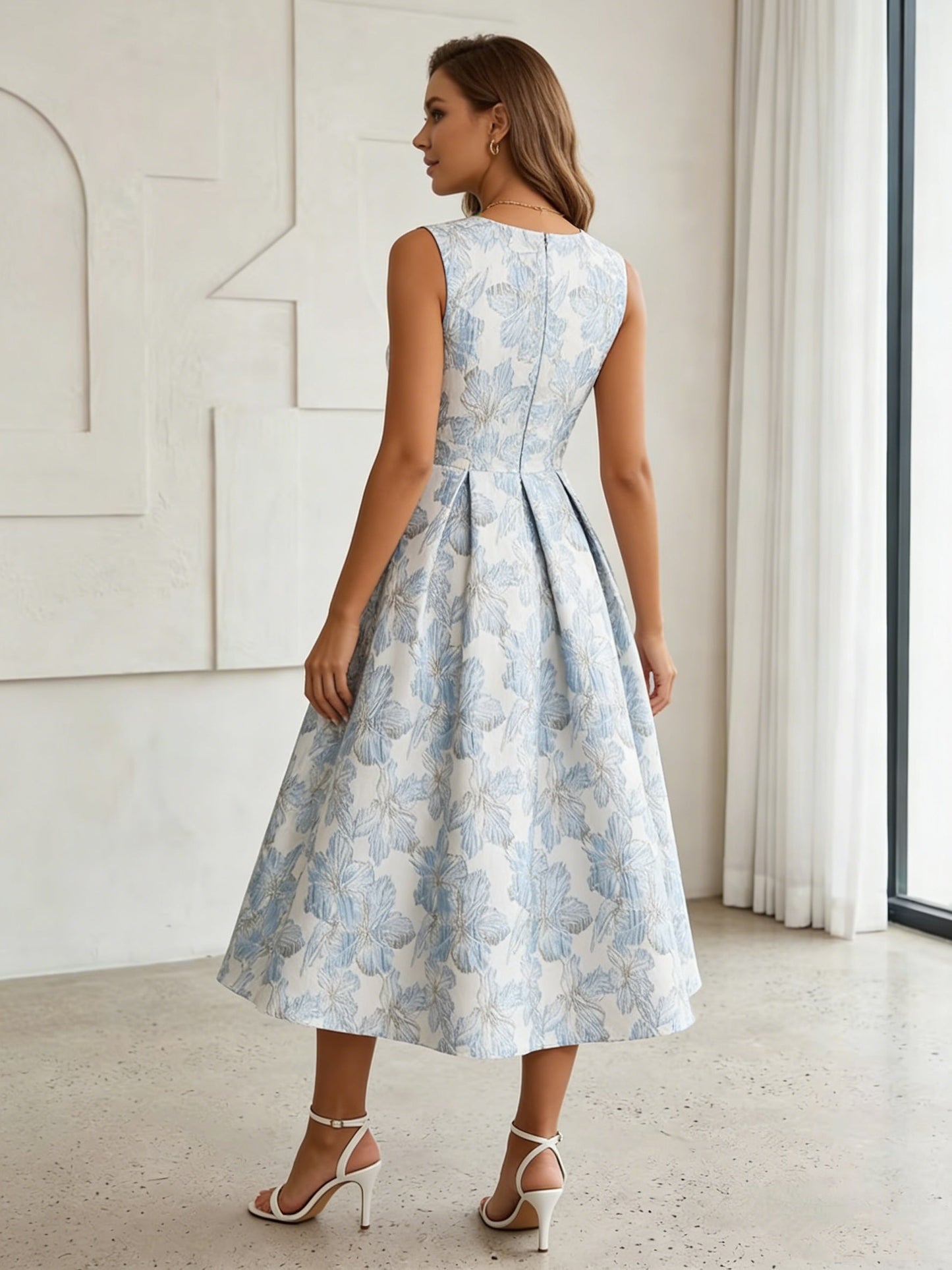Scoop Jacquard Cocktail Dresses Tea-Length Sleeveless Floral Formal Dresses