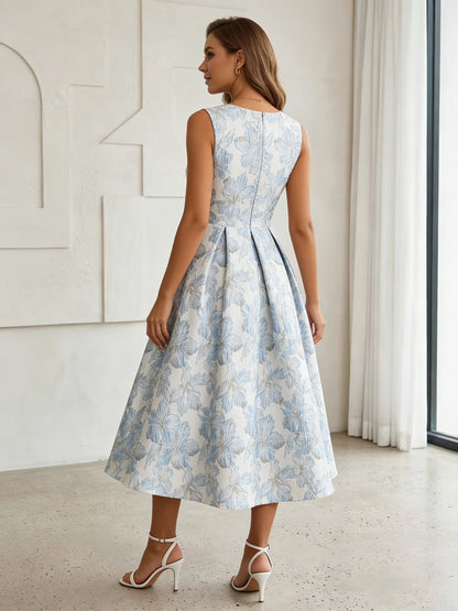 Scoop Jacquard Cocktail Dresses Tea-Length Sleeveless Floral Formal Dresses