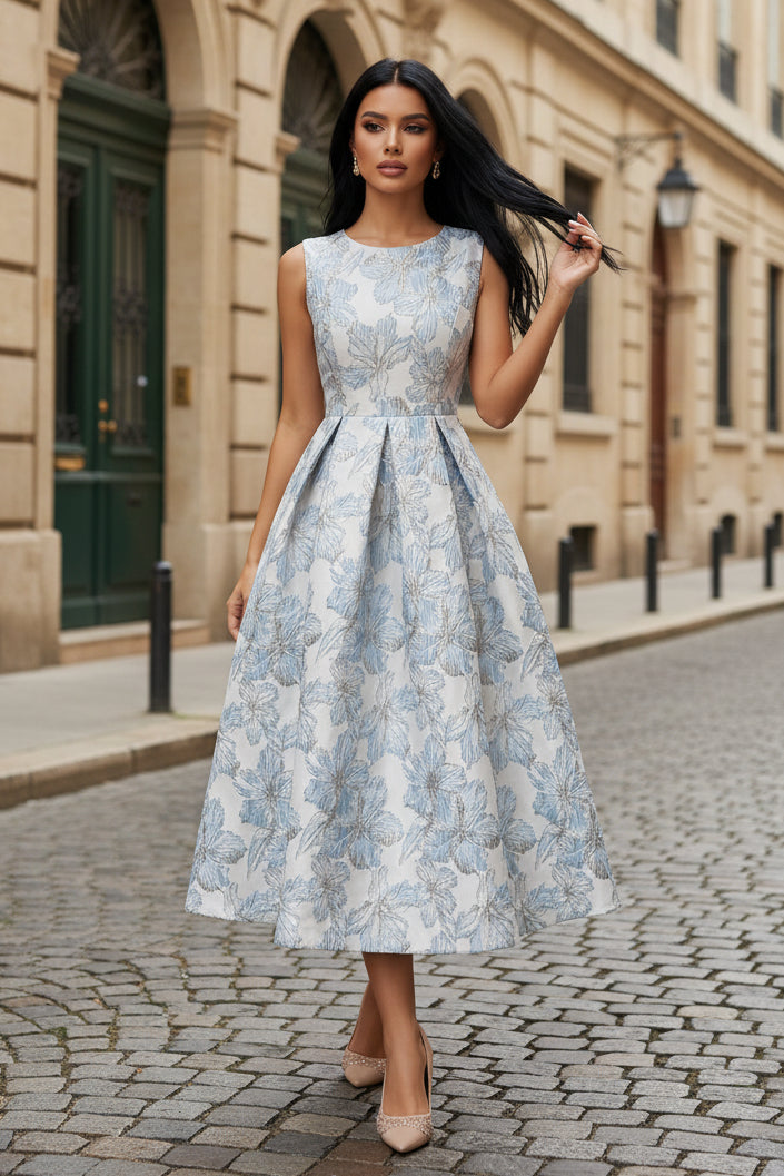 Scoop Jacquard Cocktail Dresses Tea-Length Sleeveless Floral Formal Dresses