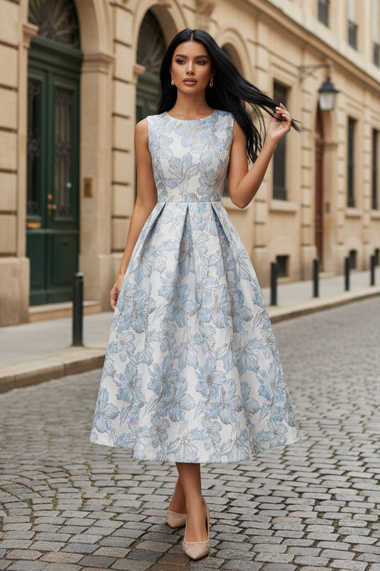 Scoop Jacquard Cocktail Dresses Tea-Length Sleeveless Floral Formal Dresses