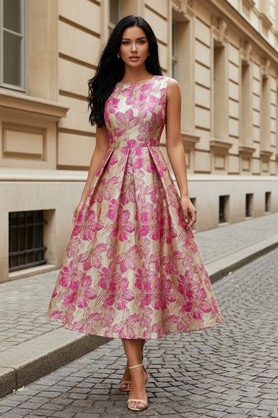 Scoop Jacquard Cocktail Dresses Tea-Length Sleeveless Floral Formal Dresses