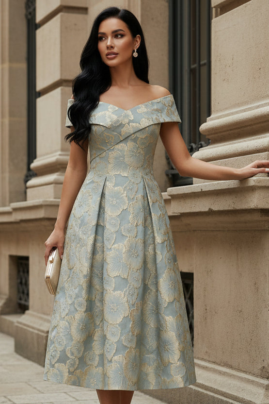 Princess Off-the-Shoulder Jacquard Cocktail Dresses Tea-Length Sleeveless Floral Formal Dresses