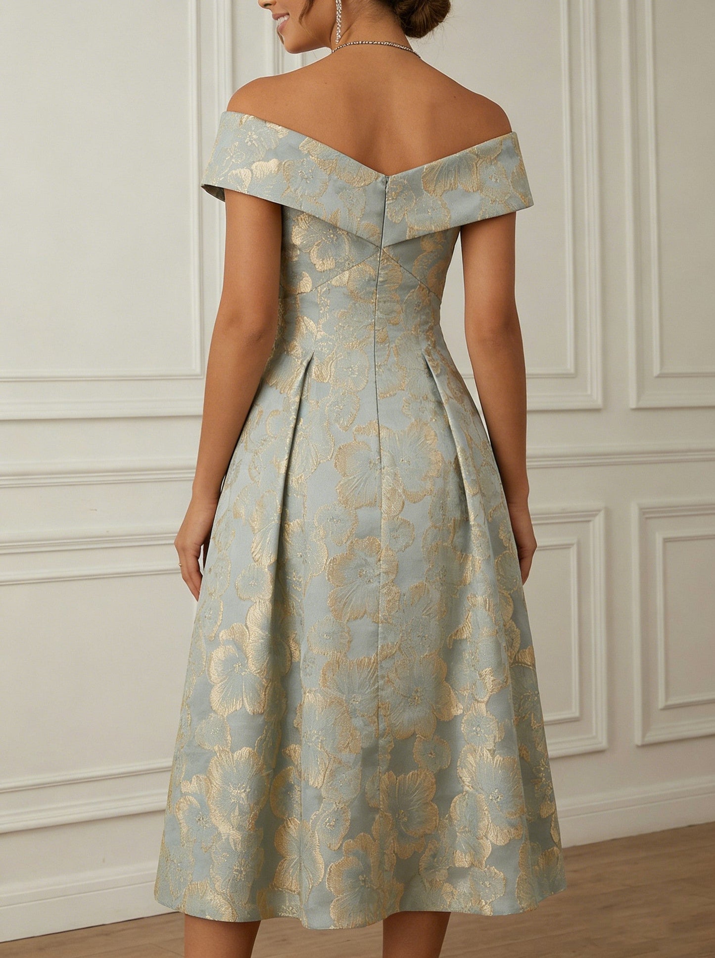 Princess Off-the-Shoulder Jacquard Cocktail Dresses Tea-Length Sleeveless Floral Formal Dresses