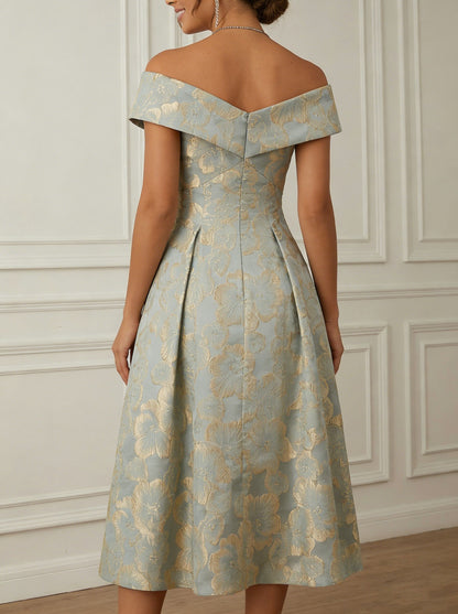 Princess Off-the-Shoulder Jacquard Cocktail Dresses Tea-Length Sleeveless Floral Formal Dresses