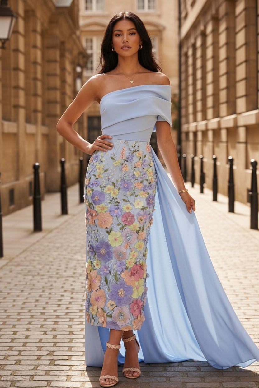 Floral Tea-Length One-Shoulder Satin Cocktail Dresses with Overskirt Sleeveless