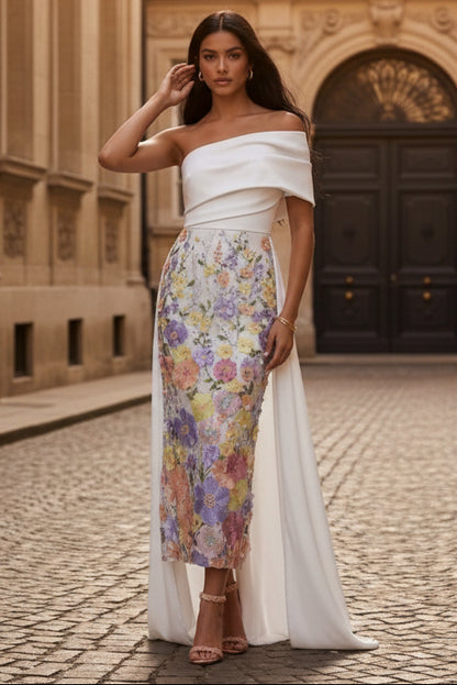 Floral Tea-Length One-Shoulder Satin Cocktail Dresses with Overskirt Sleeveless