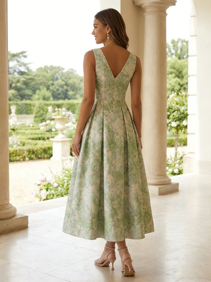 Tea-Length V-Neck Jacquard Cocktail Dresses