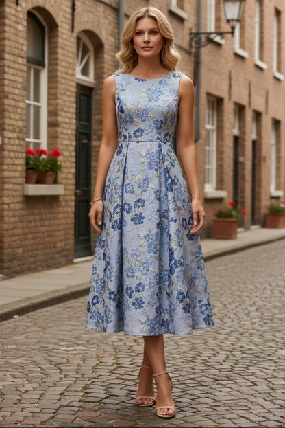 Elegant Princess Scoop Jacquard Cocktail Dresses Tea-Length Floral Sleeveless