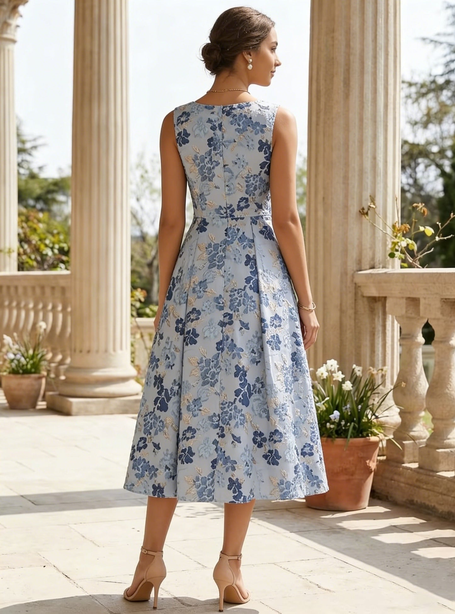 Elegant Princess Scoop Jacquard Cocktail Dresses Tea-Length Floral Sleeveless