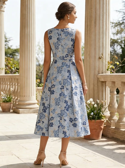 Elegant Princess Scoop Jacquard Cocktail Dresses Tea-Length Floral Sleeveless