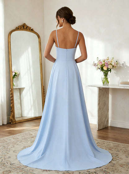 Spaghetti Straps Satin Evening Dresses with Overskirt Sleeveless Floral Floor-Length Party Dresses