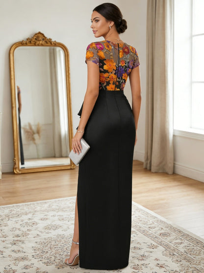 Scoop Satin Evening Dresses with Split Side Lace Floral Short Sleeves Party Dresses