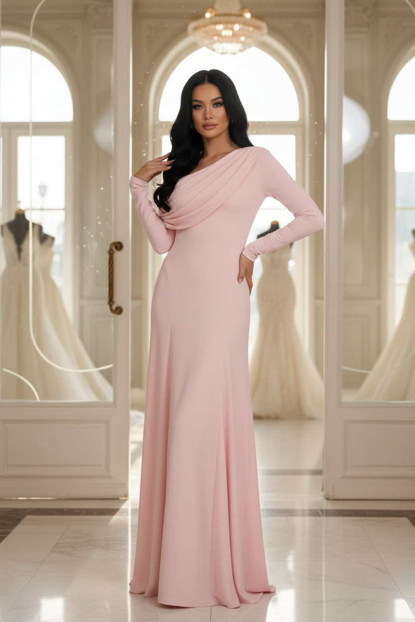 One-Shoulder Elastic Chiffon Evening Dresses Floor-Length Long Sleeves Ruffles Party Dress