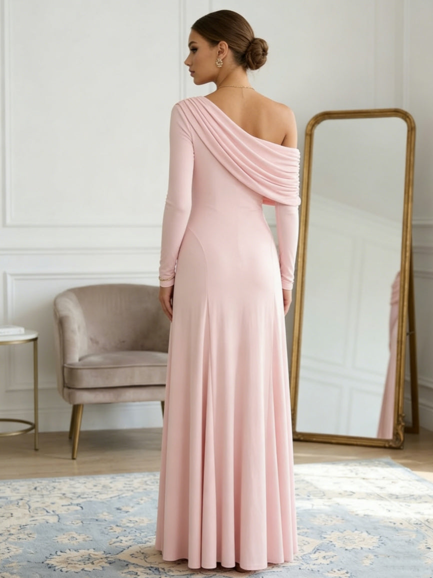 One-Shoulder Elastic Chiffon Evening Dresses Floor-Length Long Sleeves Ruffles Party Dress