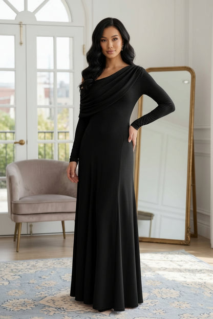One-Shoulder Elastic Chiffon Evening Dresses Floor-Length Long Sleeves Ruffles Party Dress