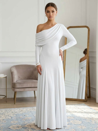 One-Shoulder Elastic Chiffon Evening Dresses Floor-Length Long Sleeves Ruffles Party Dress