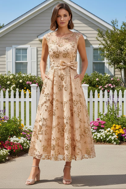 A-Line Scoop Sequins Lace Cocktail Dresses Sleeveless Floral Tea-Length Bowknot Formal Dresses