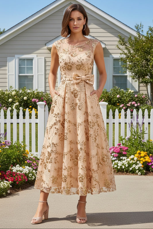 A-Line Scoop Sequins Lace Cocktail Dresses Sleeveless Floral Tea-Length Bowknot Formal Dresses