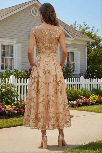 A-Line Scoop Sequins Lace Cocktail Dresses Sleeveless Floral Tea-Length Bowknot Formal Dresses