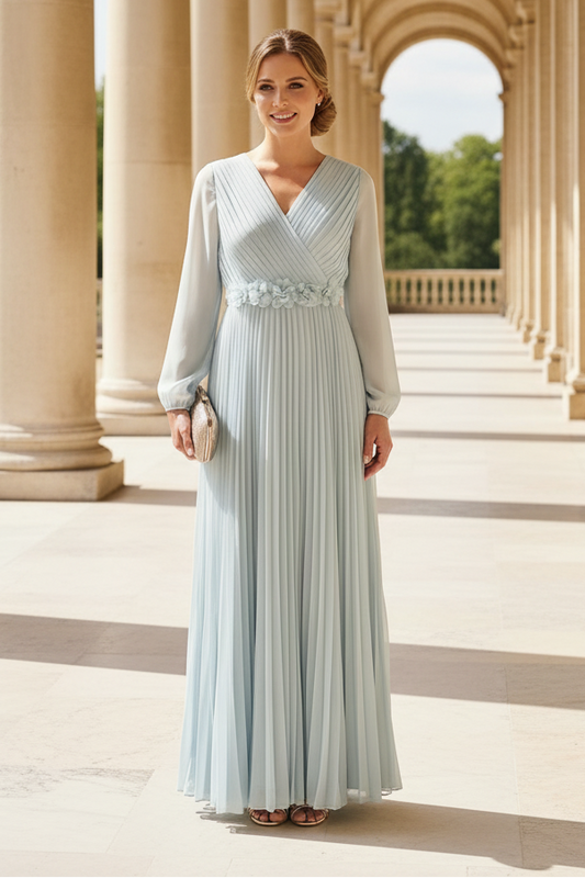 A-Line/Princess V-Neck Chiffon Mother of the Bride Dresses Long Sleeves Floor-Length Pleated With 3D Flowers