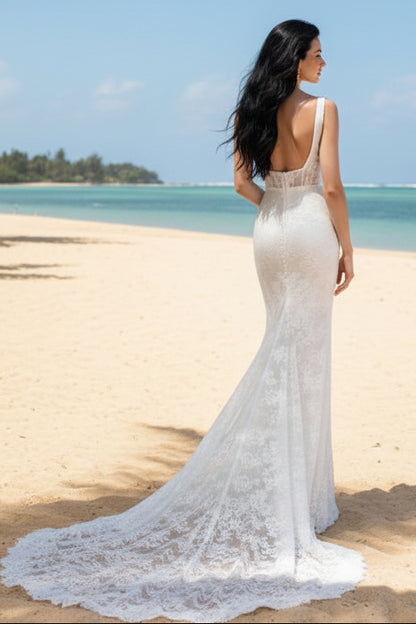 Plunge V-Neck Lace Mermaid Wedding Dress with Corset Bodice