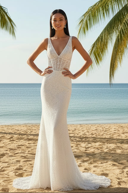 Plunge V-Neck Lace Mermaid Wedding Dress with Corset Bodice