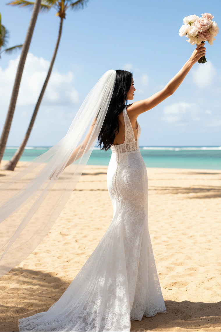 Plunge V-Neck Lace Mermaid Wedding Dress with Corset Bodice