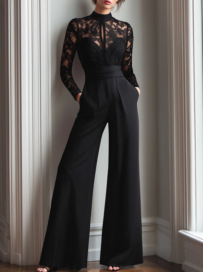 Black Lace Illusion Bodice Wide-Leg Evening Jumpsuit