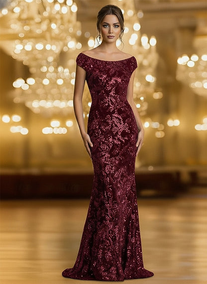 Glitter Sequin Off Shoulder Mermaid Floor Length Prom Dresses Evening Gown