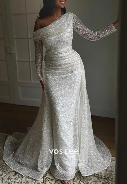 Sparkle & Shine Long Sleeve One Shoulder Pleated Mermaid Wedding Dresses with Sweep Train